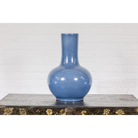 Vintage Minimalist Crackle Blue Vase with Generous Rounded Silhouette-YN7815-4. Asian & Chinese Furniture, Art, Antiques, Vintage Home Décor for sale at FEA Home