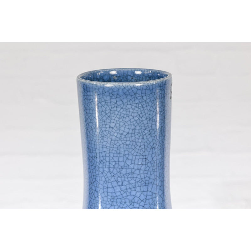 Vintage Minimalist Crackle Blue Vase with Generous Rounded Silhouette-YN7815-6. Asian & Chinese Furniture, Art, Antiques, Vintage Home Décor for sale at FEA Home