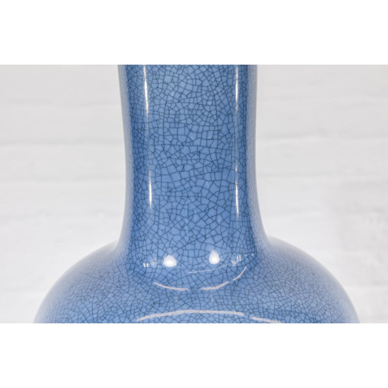 Vintage Minimalist Crackle Blue Vase with Generous Rounded Silhouette-YN7815-7. Asian & Chinese Furniture, Art, Antiques, Vintage Home Décor for sale at FEA Home