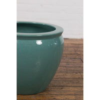 Midcentury Teal Garden Planter with Circular Opening and Tapering Lines