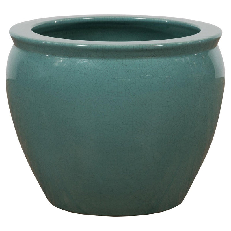 Midcentury Teal Garden Planter with Circular Opening and Tapering Lines-YN7817-1. Asian & Chinese Furniture, Art, Antiques, Vintage Home Décor for sale at FEA Home