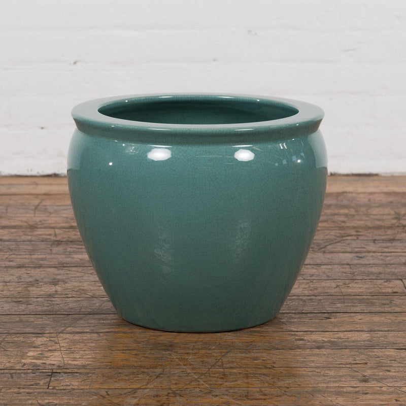 Midcentury Teal Garden Planter with Circular Opening and Tapering Lines-YN7817-2. Asian & Chinese Furniture, Art, Antiques, Vintage Home Décor for sale at FEA Home