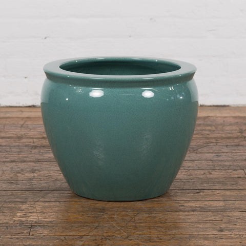 Midcentury Teal Garden Planter with Circular Opening and Tapering Lines-YN7817-2. Asian & Chinese Furniture, Art, Antiques, Vintage Home Décor for sale at FEA Home