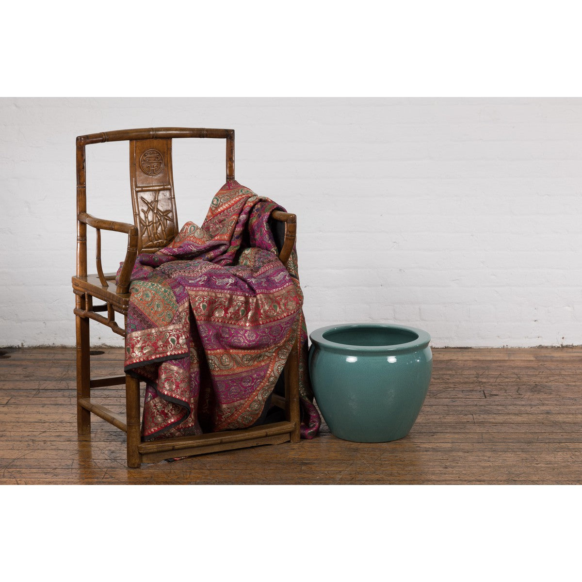 Midcentury Teal Garden Planter with Circular Opening and Tapering Lines-3. Asian &amp; Chinese Furniture, Art, Antiques, Vintage Home Décor for sale at FEA Home