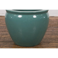 Midcentury Teal Garden Planter with Circular Opening and Tapering Lines