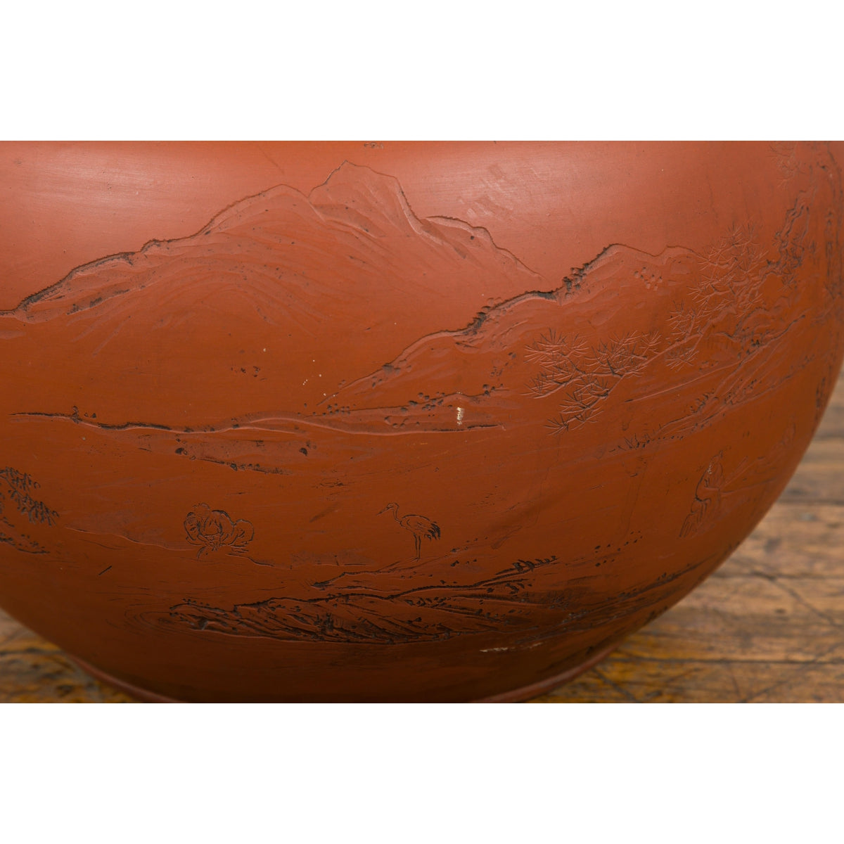 Orange Circular Antique Planter with Etched Design-YN7819-13. Asian & Chinese Furniture, Art, Antiques, Vintage Home Décor for sale at FEA Home