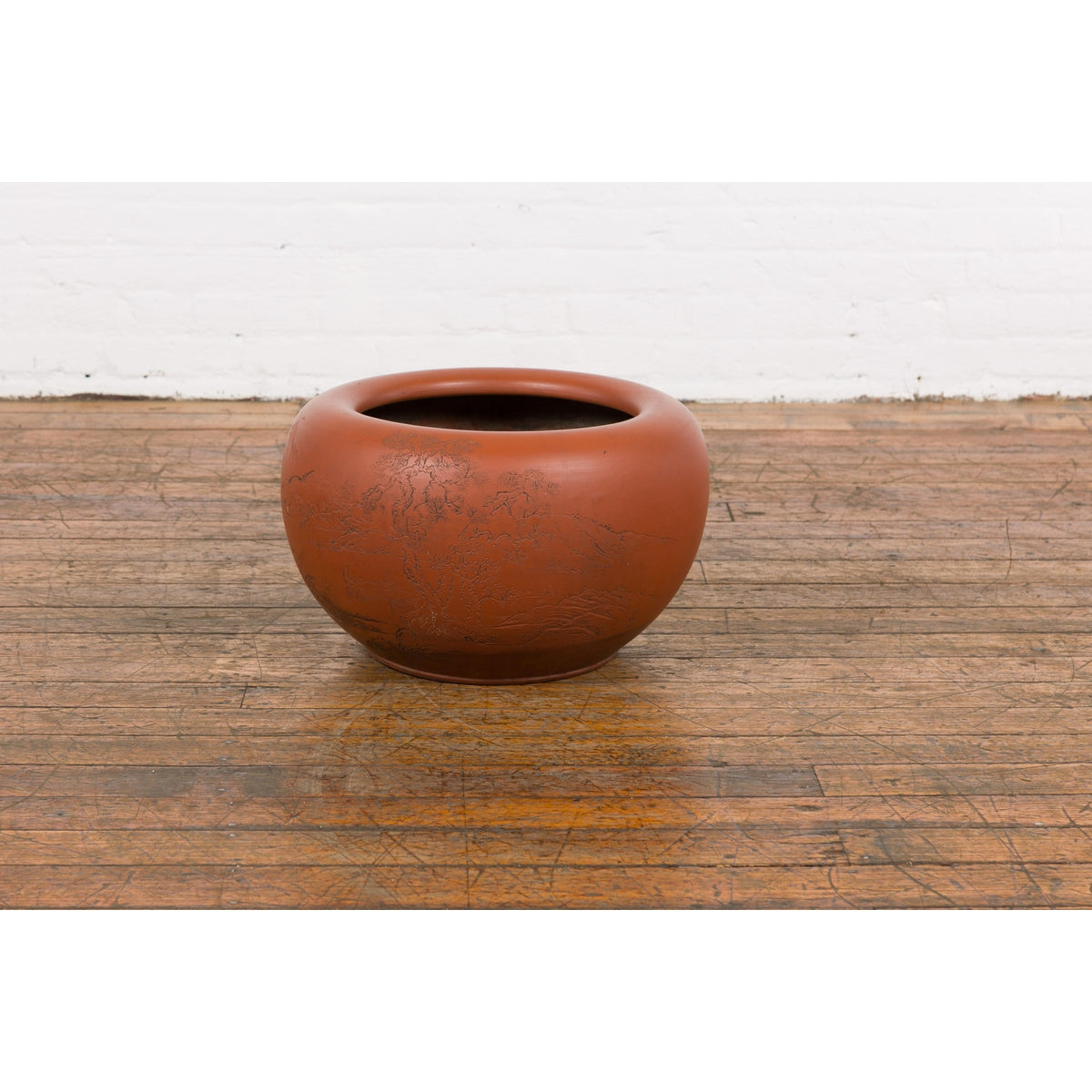Orange Circular Antique Planter with Etched Design-YN7819-2. Asian & Chinese Furniture, Art, Antiques, Vintage Home Décor for sale at FEA Home
