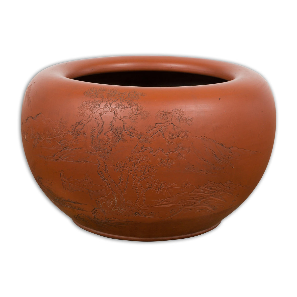 Orange Circular Antique Planter with Etched Design-YN7819-20. Asian & Chinese Furniture, Art, Antiques, Vintage Home Décor for sale at FEA Home
