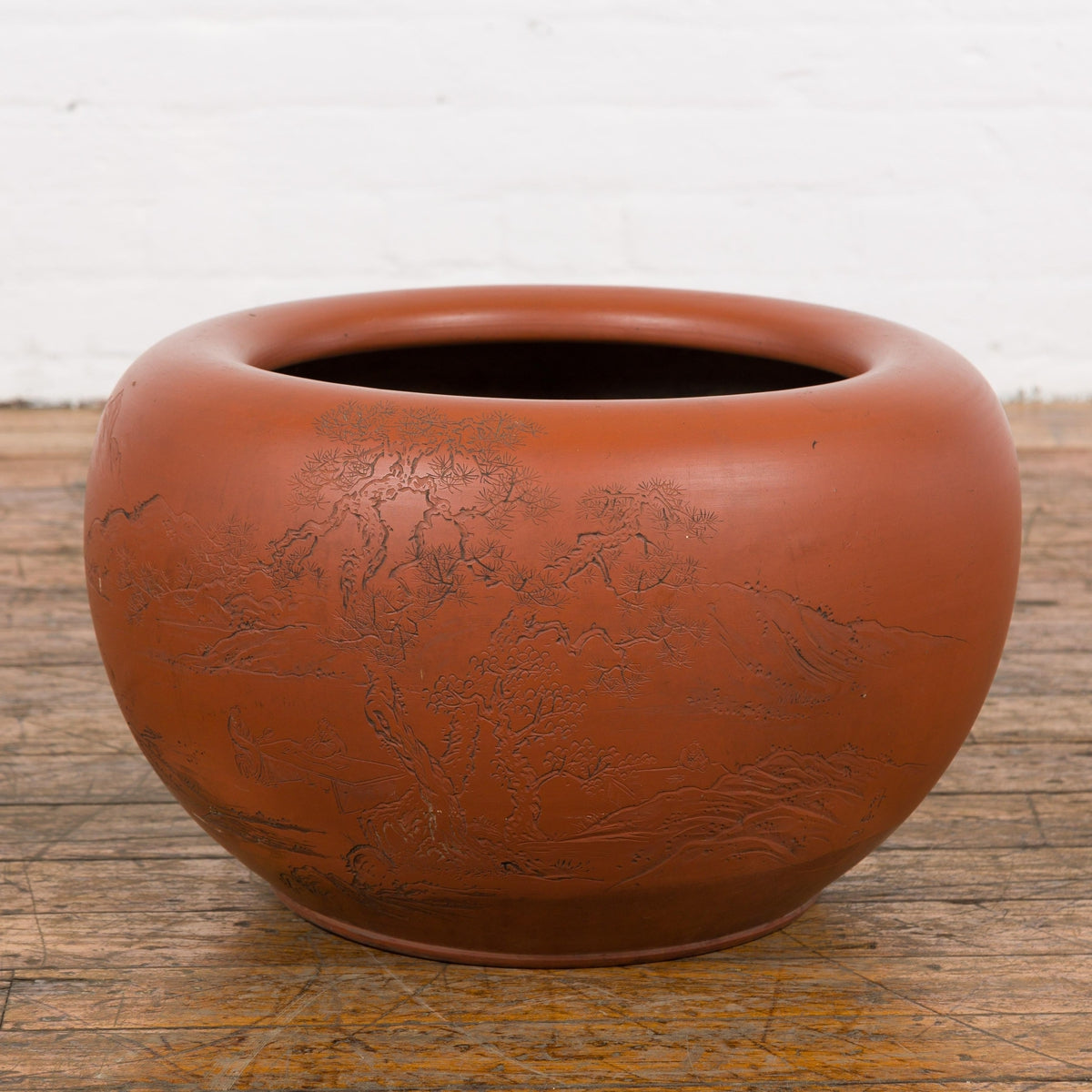 Orange Circular Antique Planter with Etched Design-YN7819-3. Asian & Chinese Furniture, Art, Antiques, Vintage Home Décor for sale at FEA Home