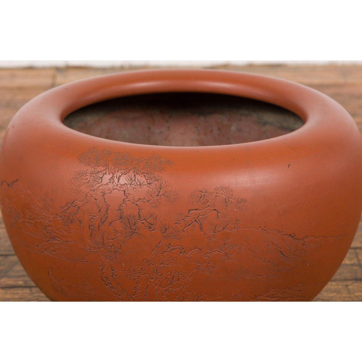Orange Circular Antique Planter with Etched Design-YN7819-5. Asian & Chinese Furniture, Art, Antiques, Vintage Home Décor for sale at FEA Home