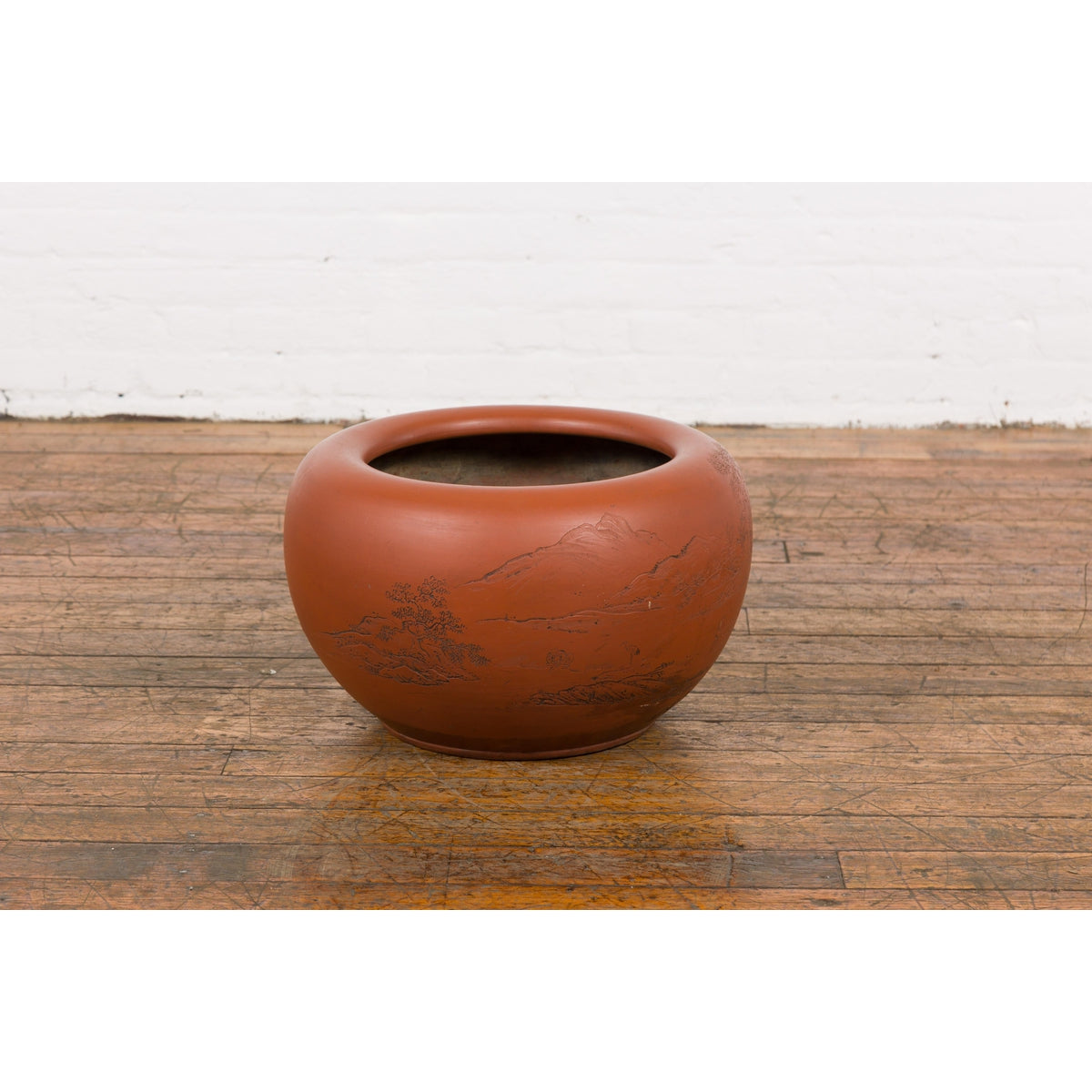 Orange Circular Antique Planter with Etched Design-YN7819-9. Asian & Chinese Furniture, Art, Antiques, Vintage Home Décor for sale at FEA Home