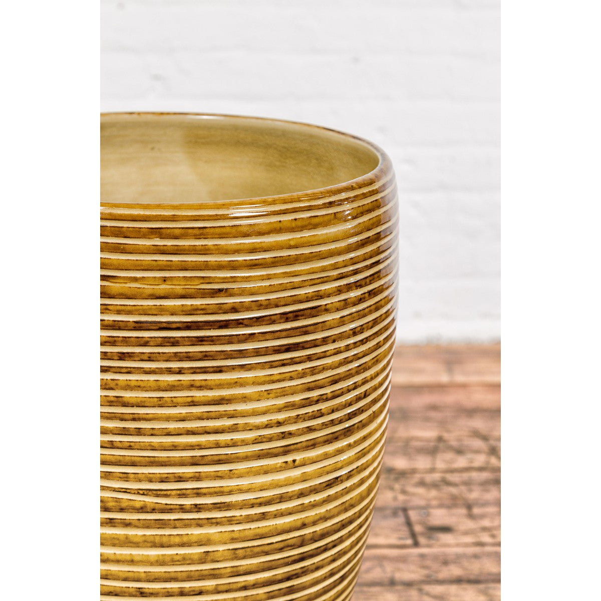 Artisan Handcrafted Mustard Color Ceramic Garden Planter with Incised Décor-10. Asian &amp; Chinese Furniture, Art, Antiques, Vintage Home Décor for sale at FEA Home
