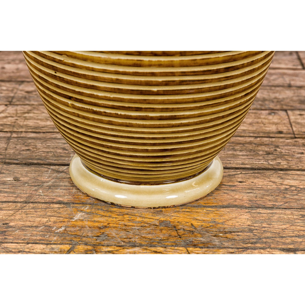 Artisan Handcrafted Mustard Color Ceramic Garden Planter with Incised Décor-11. Asian &amp; Chinese Furniture, Art, Antiques, Vintage Home Décor for sale at FEA Home