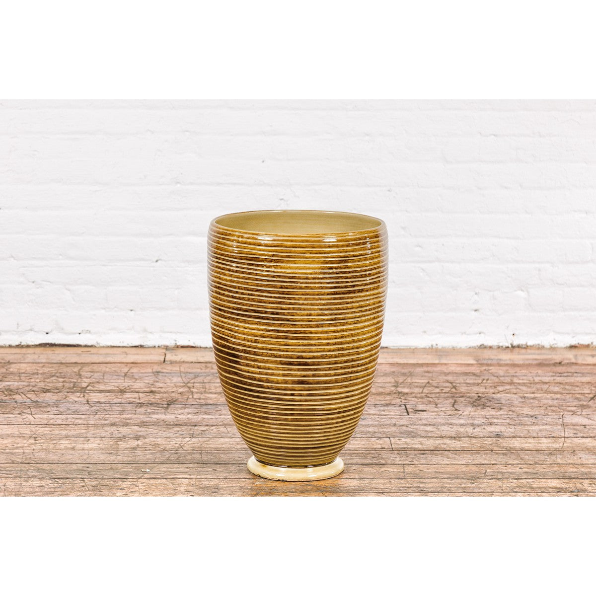 Artisan Handcrafted Mustard Color Ceramic Garden Planter with Incised Décor-12. Asian &amp; Chinese Furniture, Art, Antiques, Vintage Home Décor for sale at FEA Home