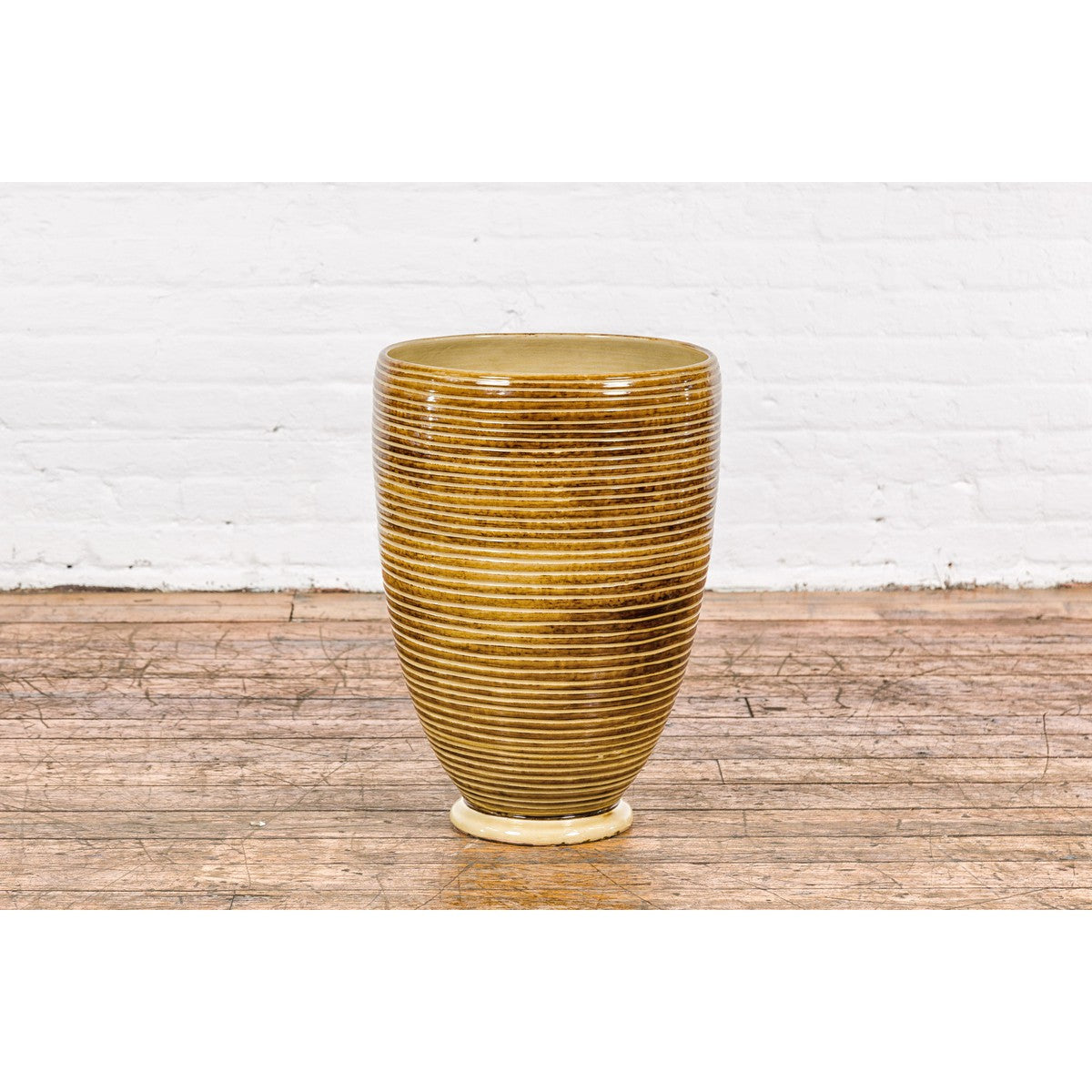 Artisan Handcrafted Mustard Color Ceramic Garden Planter with Incised Décor-13. Asian &amp; Chinese Furniture, Art, Antiques, Vintage Home Décor for sale at FEA Home