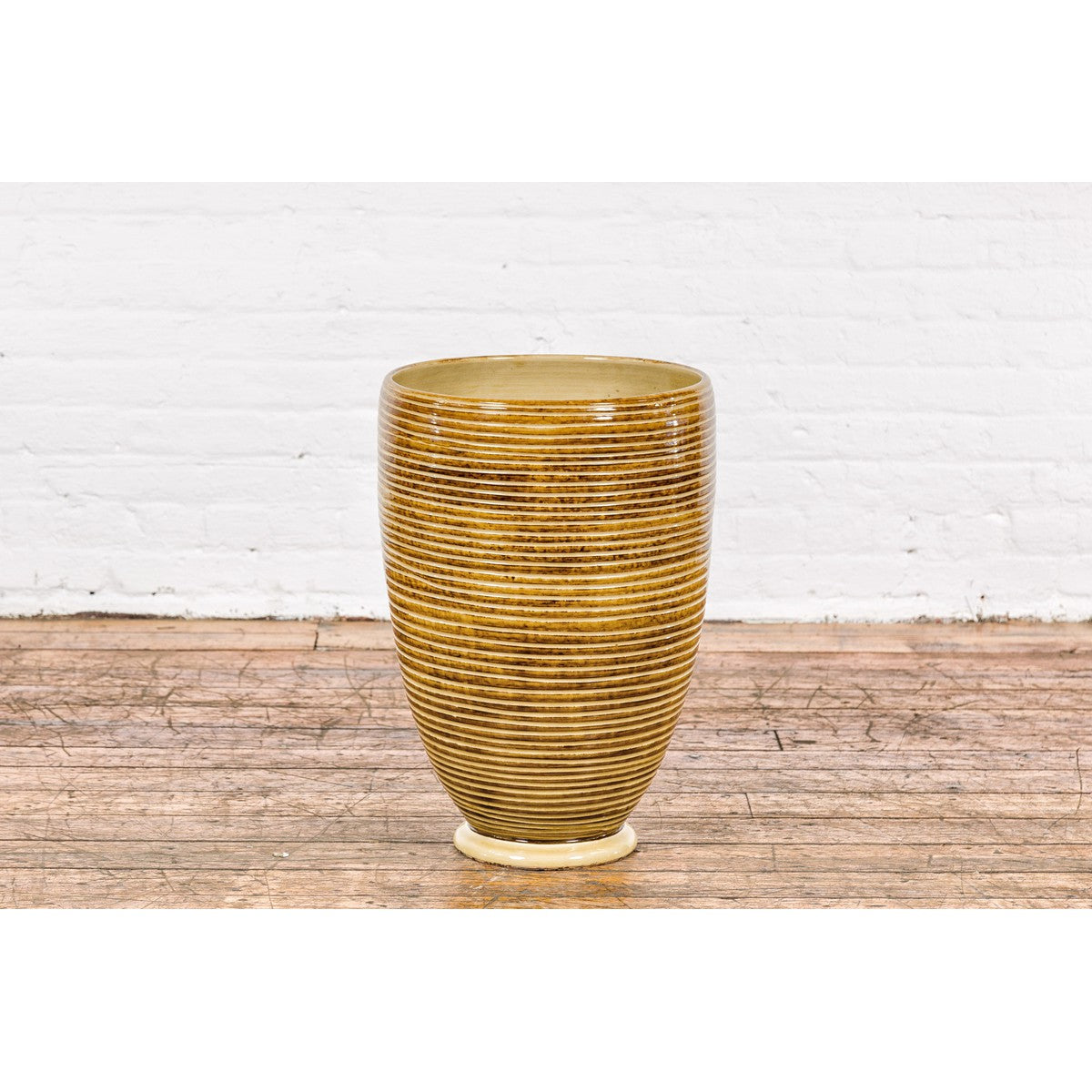 Artisan Handcrafted Mustard Color Ceramic Garden Planter with Incised Décor-14. Asian &amp; Chinese Furniture, Art, Antiques, Vintage Home Décor for sale at FEA Home