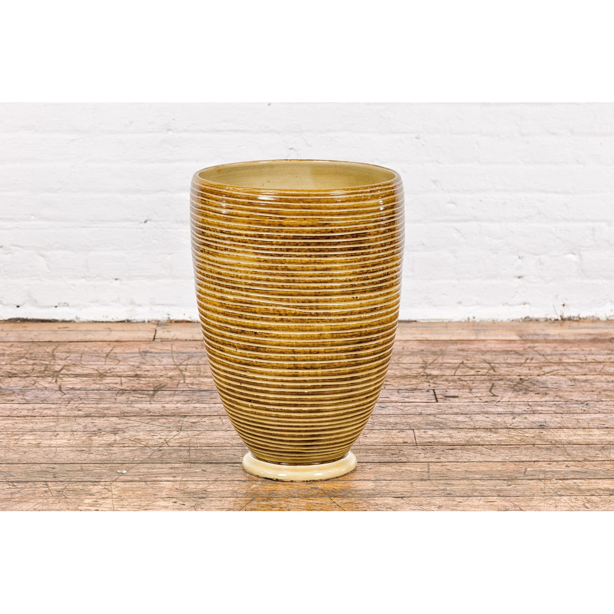 Artisan Handcrafted Mustard Color Ceramic Garden Planter with Incised Décor-3. Asian &amp; Chinese Furniture, Art, Antiques, Vintage Home Décor for sale at FEA Home