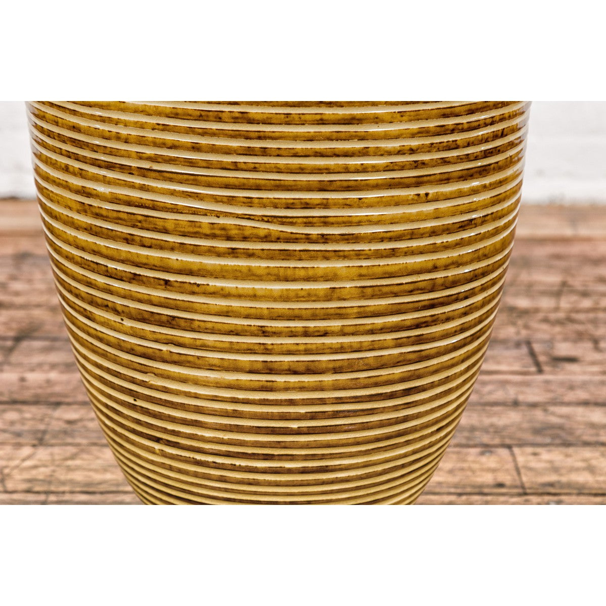 Artisan Handcrafted Mustard Color Ceramic Garden Planter with Incised Décor-6. Asian &amp; Chinese Furniture, Art, Antiques, Vintage Home Décor for sale at FEA Home