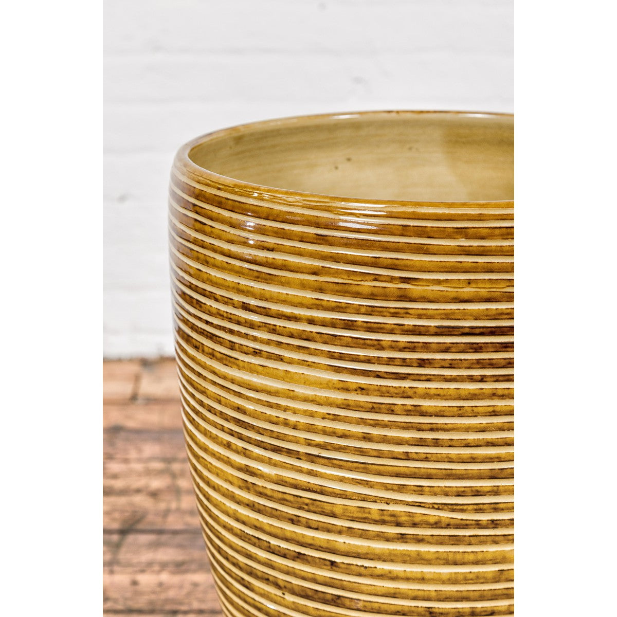 Artisan Handcrafted Mustard Color Ceramic Garden Planter with Incised Décor-9. Asian &amp; Chinese Furniture, Art, Antiques, Vintage Home Décor for sale at FEA Home