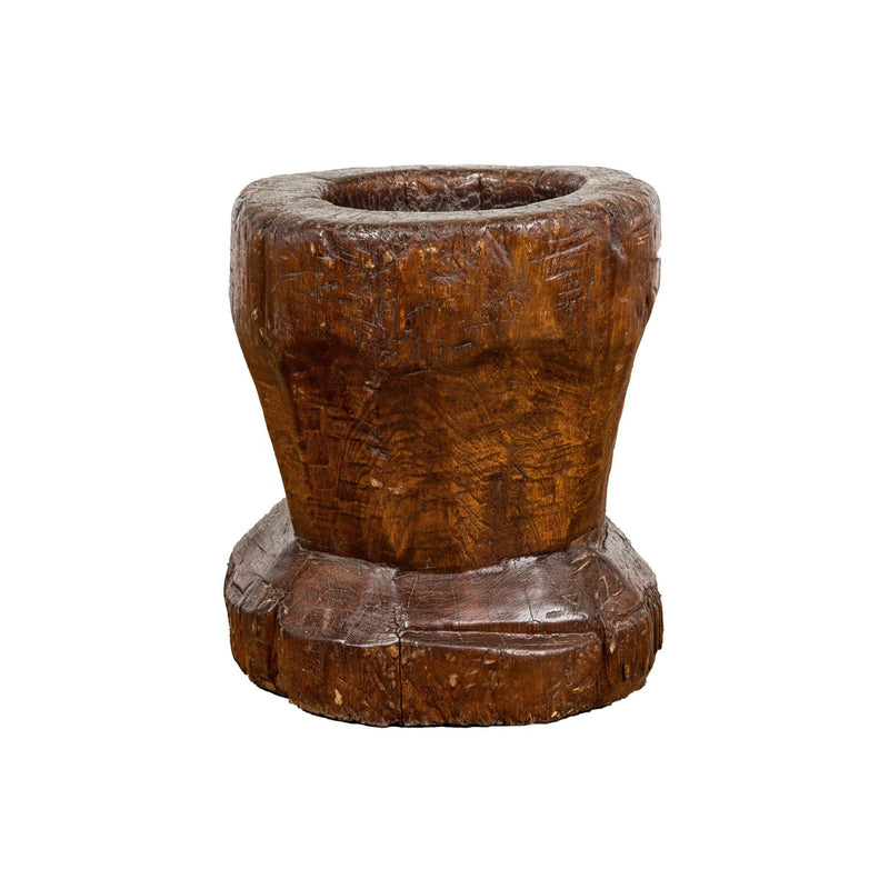 19th Century Rustic Teak Wood Mortar Urn, Antique Planter for Vintage Home Decor-YN7830-12. Asian & Chinese Furniture, Art, Antiques, Vintage Home Décor for sale at FEA Home