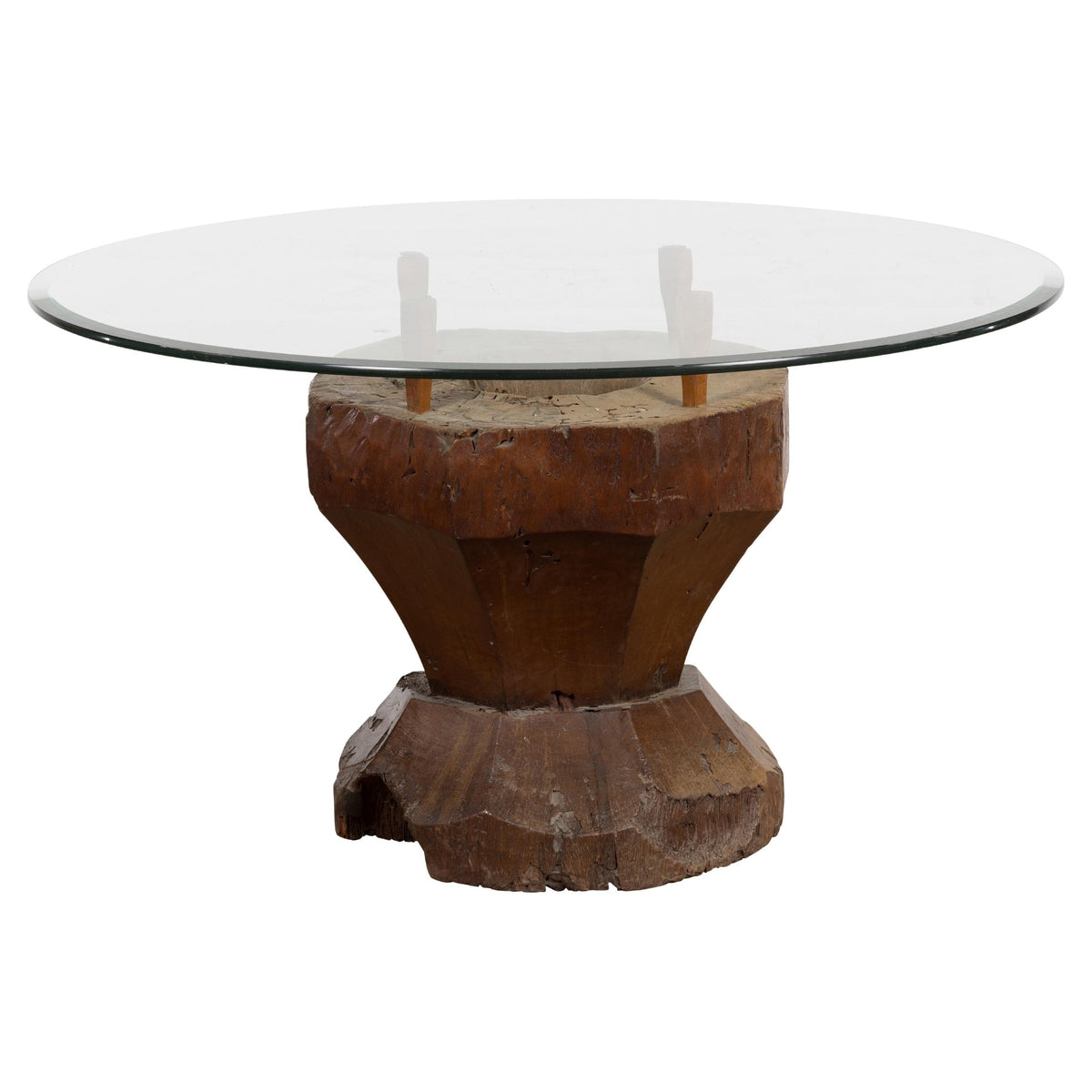 Primitive Teak Wood Mortar Made into a Side Table Base, Glass not Included-1. Asian & Chinese Furniture, Art, Antiques, Vintage Home Décor for sale at FEA Home