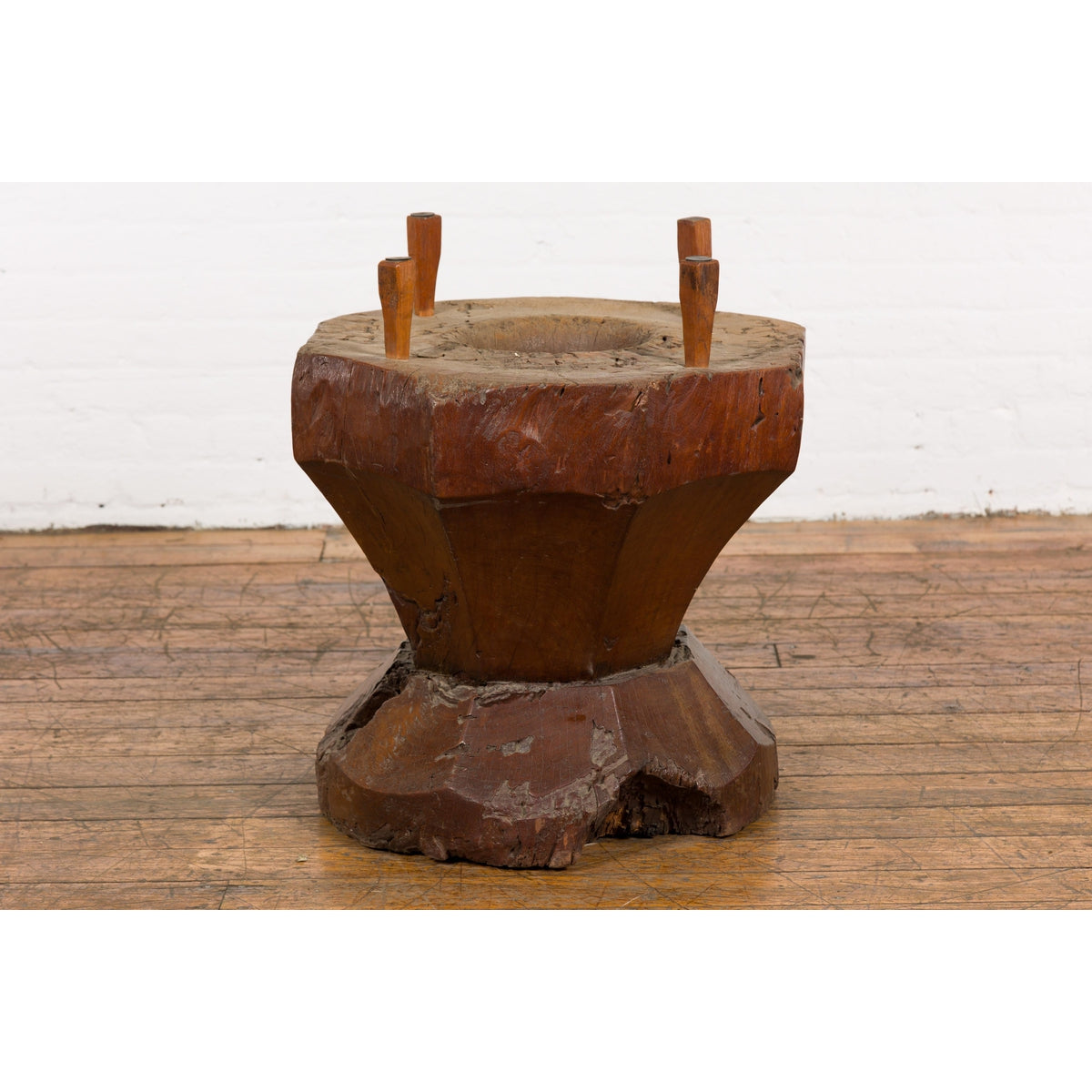 Primitive Teak Wood Mortar Made into a Side Table Base, Glass not Included-10. Asian &amp; Chinese Furniture, Art, Antiques, Vintage Home Décor for sale at FEA Home