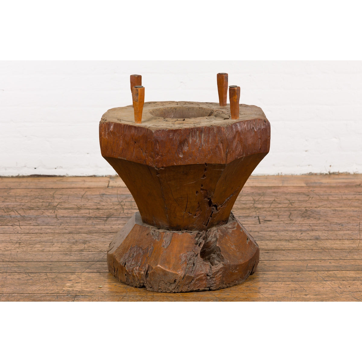 Primitive Teak Wood Mortar Made into a Side Table Base, Glass not Included-11. Asian &amp; Chinese Furniture, Art, Antiques, Vintage Home Décor for sale at FEA Home
