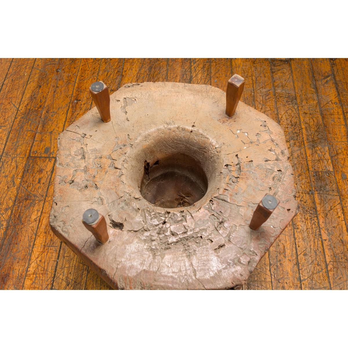 Primitive Teak Wood Mortar Made into a Side Table Base, Glass not Included-12. Asian &amp; Chinese Furniture, Art, Antiques, Vintage Home Décor for sale at FEA Home