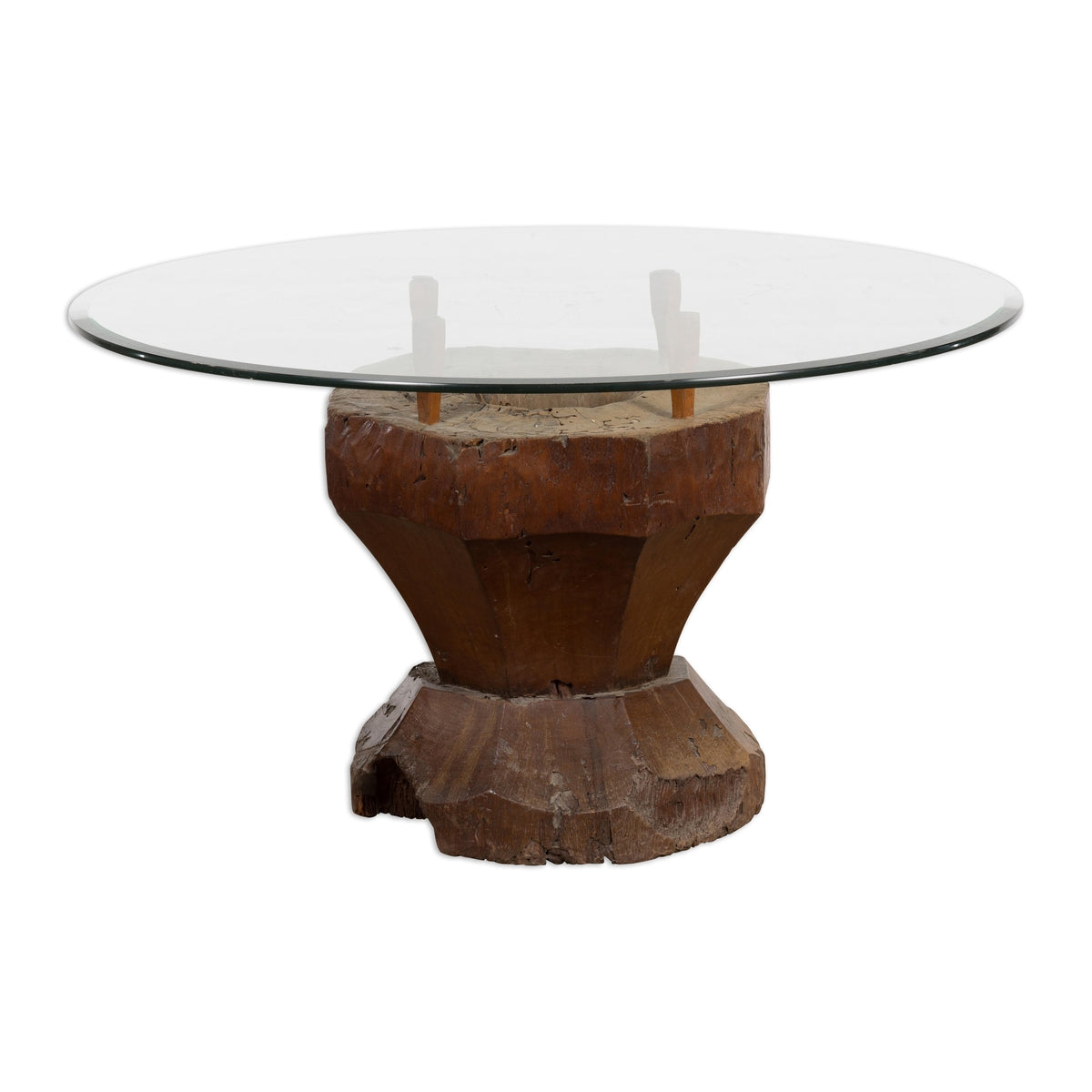 Primitive Teak Wood Mortar Made into a Side Table Base, Glass not Included-13. Asian &amp; Chinese Furniture, Art, Antiques, Vintage Home Décor for sale at FEA Home