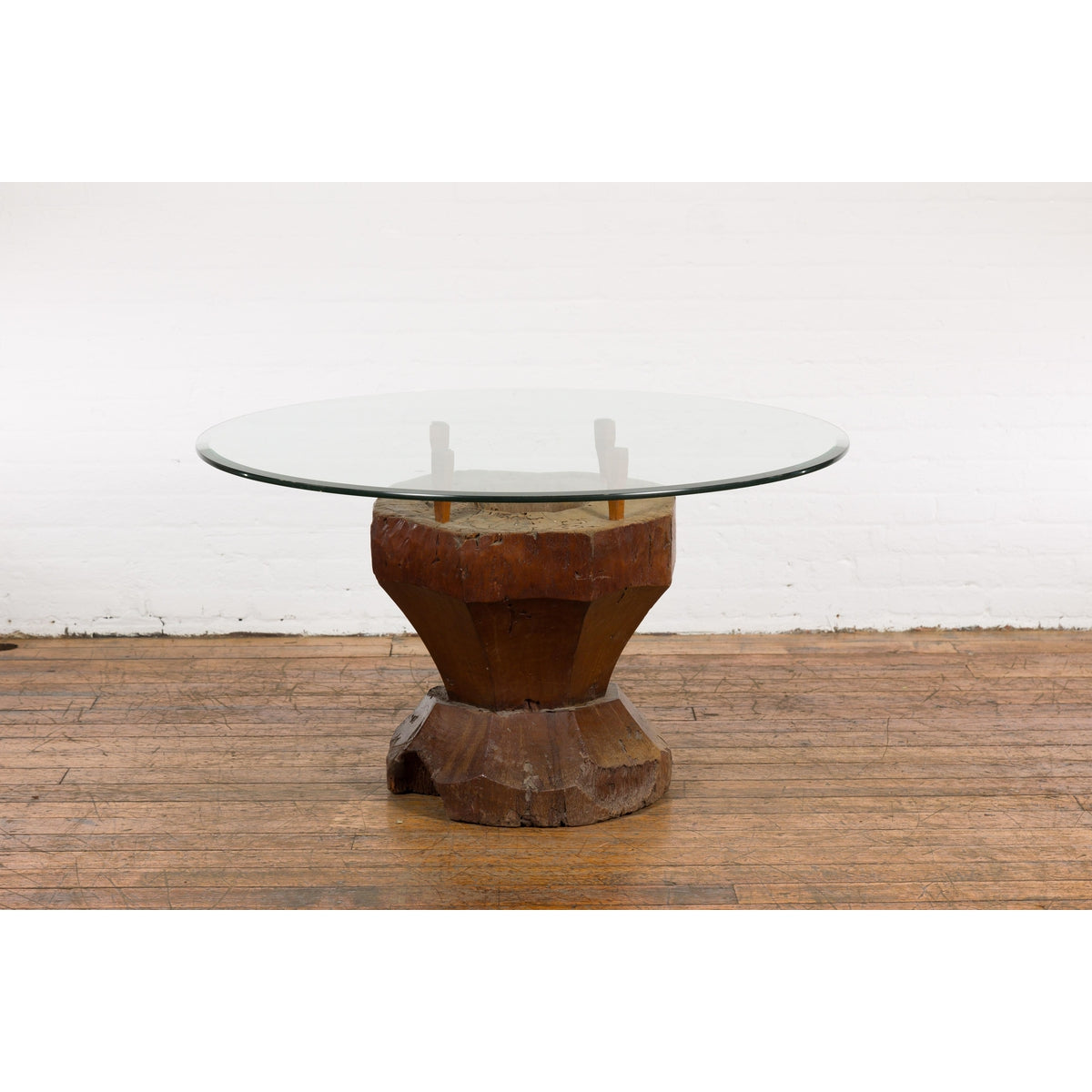 Primitive Teak Wood Mortar Made into a Side Table Base, Glass not Included-2. Asian & Chinese Furniture, Art, Antiques, Vintage Home Décor for sale at FEA Home
