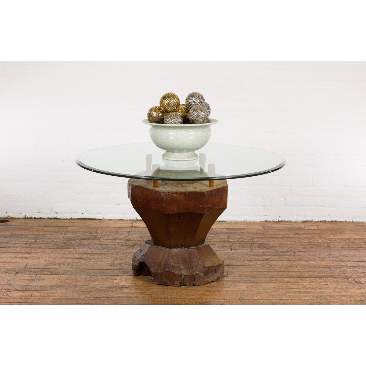 Primitive Teak Wood Mortar Made into a Side Table Base, Glass not Included-3. Asian &amp; Chinese Furniture, Art, Antiques, Vintage Home Décor for sale at FEA Home