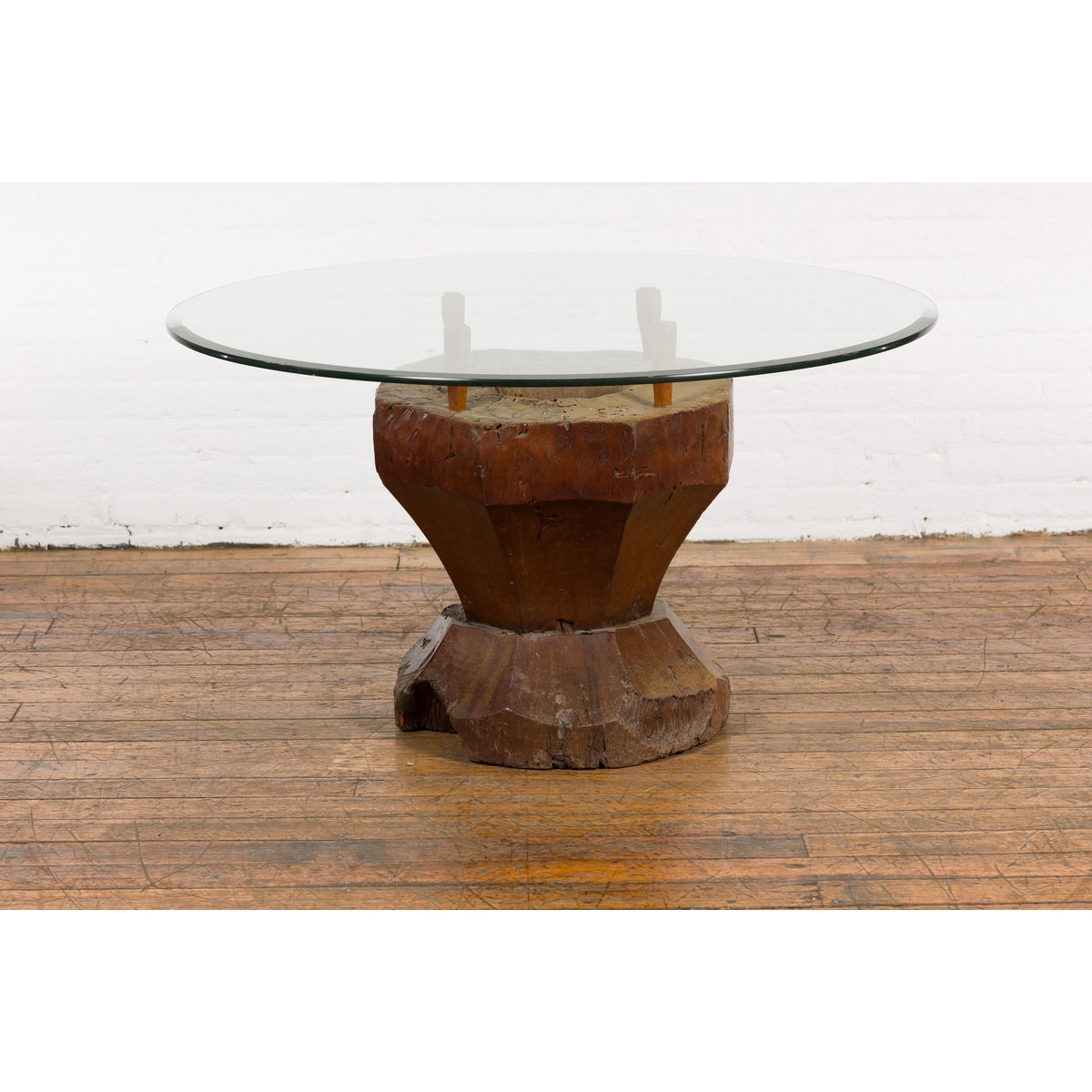 Primitive Teak Wood Mortar Made into a Side Table Base, Glass not Included-4. Asian &amp; Chinese Furniture, Art, Antiques, Vintage Home Décor for sale at FEA Home