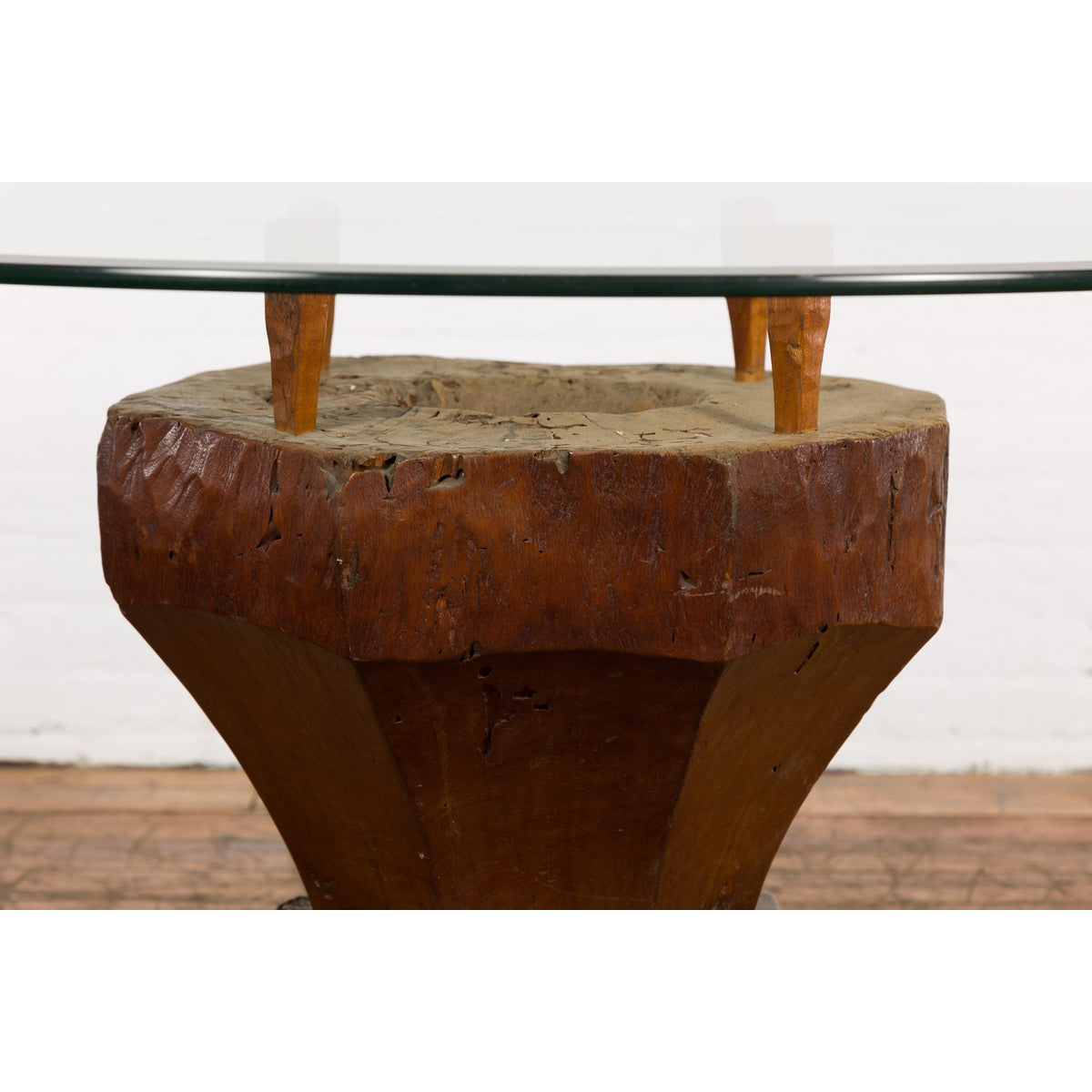 Primitive Teak Wood Mortar Made into a Side Table Base, Glass not Included-5. Asian &amp; Chinese Furniture, Art, Antiques, Vintage Home Décor for sale at FEA Home
