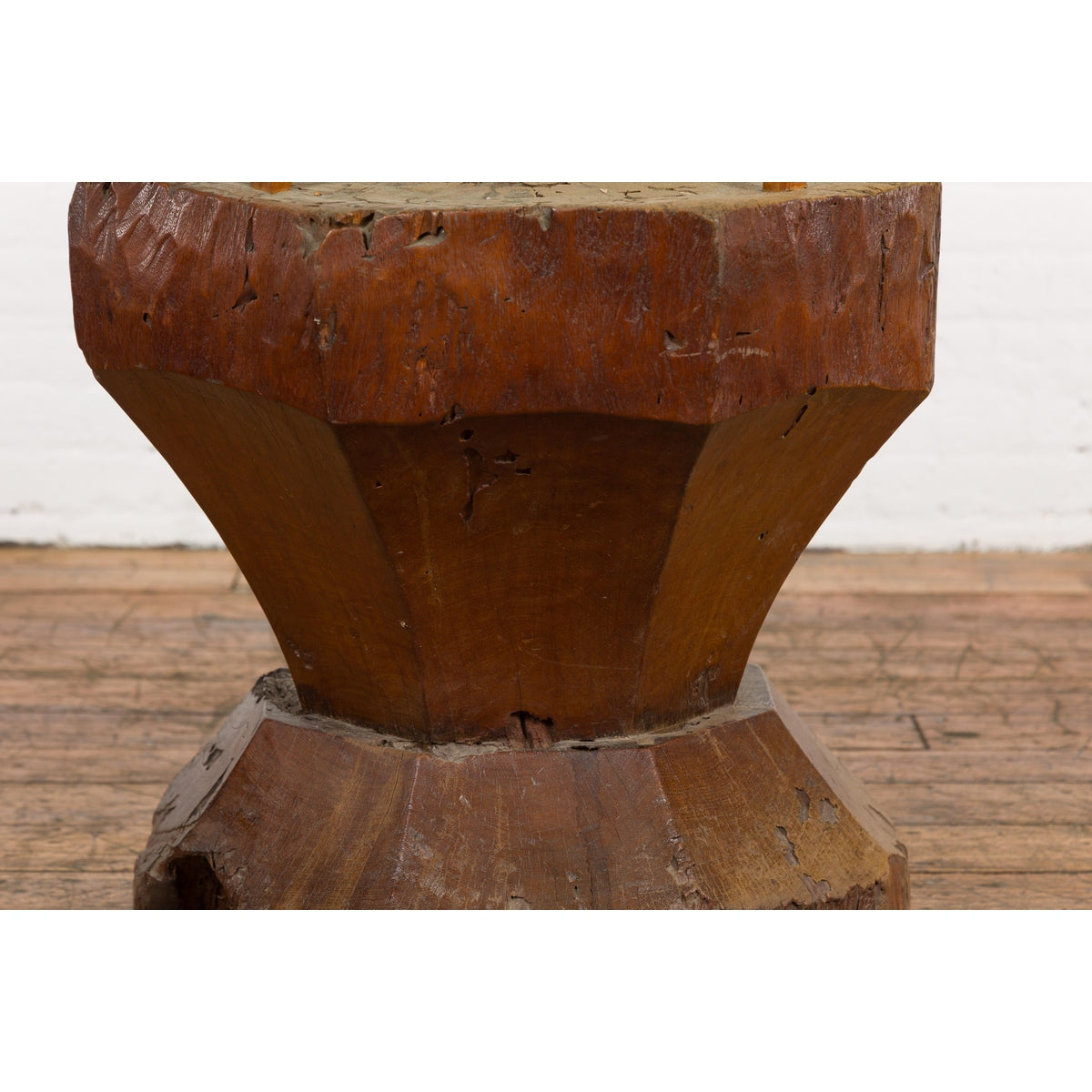 Primitive Teak Wood Mortar Made into a Side Table Base, Glass not Included-6. Asian &amp; Chinese Furniture, Art, Antiques, Vintage Home Décor for sale at FEA Home