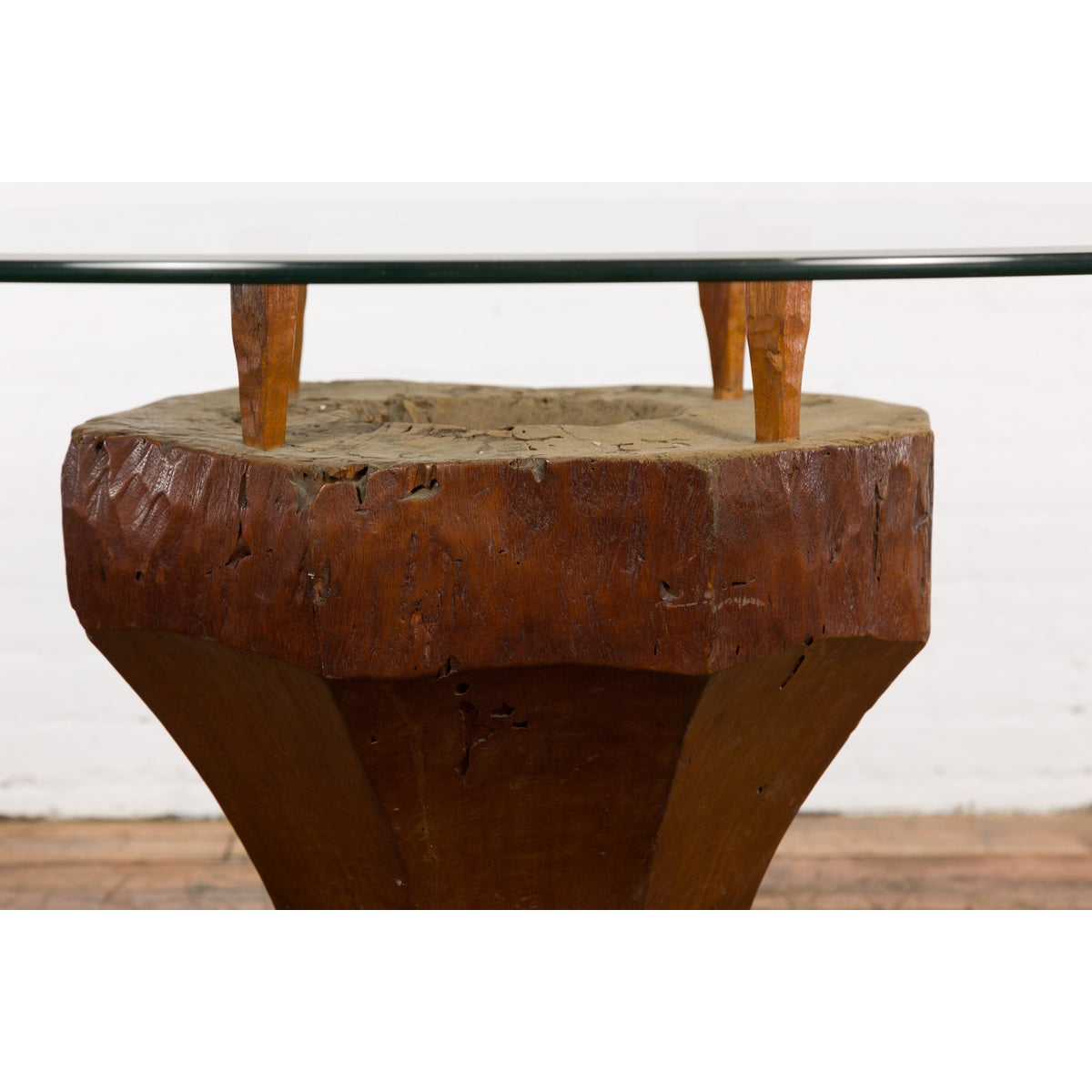 Primitive Teak Wood Mortar Made into a Side Table Base, Glass not Included-8. Asian &amp; Chinese Furniture, Art, Antiques, Vintage Home Décor for sale at FEA Home