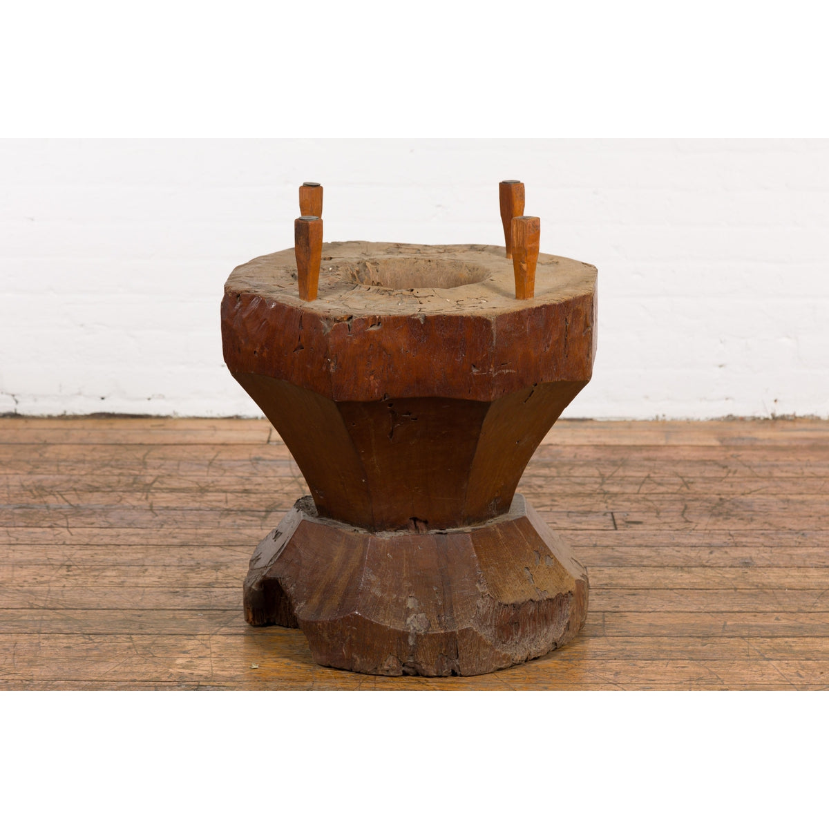 Primitive Teak Wood Mortar Made into a Side Table Base, Glass not Included-9. Asian &amp; Chinese Furniture, Art, Antiques, Vintage Home Décor for sale at FEA Home