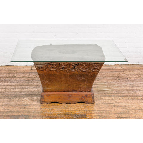 Teak Wood Primitive Mortar Converted into Coffee Table with Carved Rosettes-YN7837-10. Asian & Chinese Furniture, Art, Antiques, Vintage Home Décor for sale at FEA Home