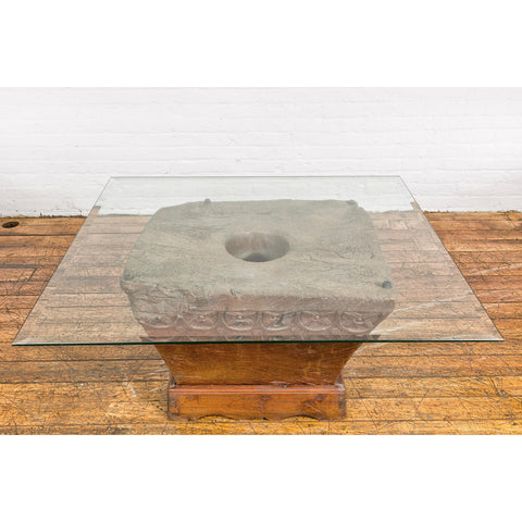 Teak Wood Primitive Mortar Converted into Coffee Table with Carved Rosettes-YN7837-11. Asian & Chinese Furniture, Art, Antiques, Vintage Home Décor for sale at FEA Home