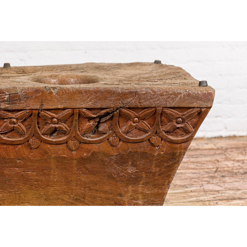 Teak Wood Primitive Mortar Converted into Coffee Table with Carved Rosettes-YN7837-13. Asian & Chinese Furniture, Art, Antiques, Vintage Home Décor for sale at FEA Home