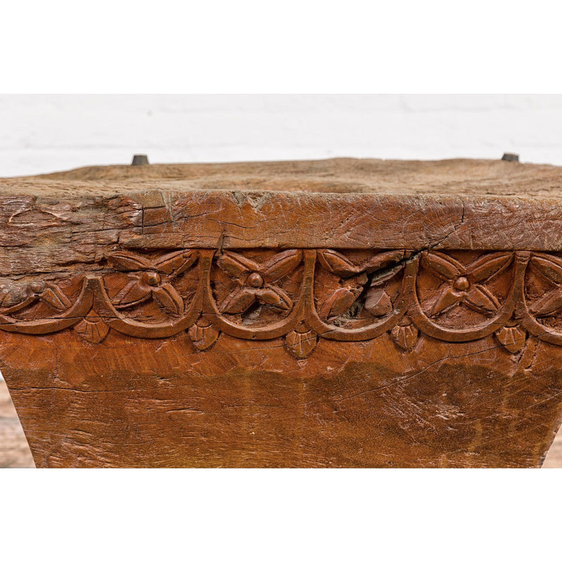 Teak Wood Primitive Mortar Converted into Coffee Table with Carved Rosettes-YN7837-14. Asian & Chinese Furniture, Art, Antiques, Vintage Home Décor for sale at FEA Home