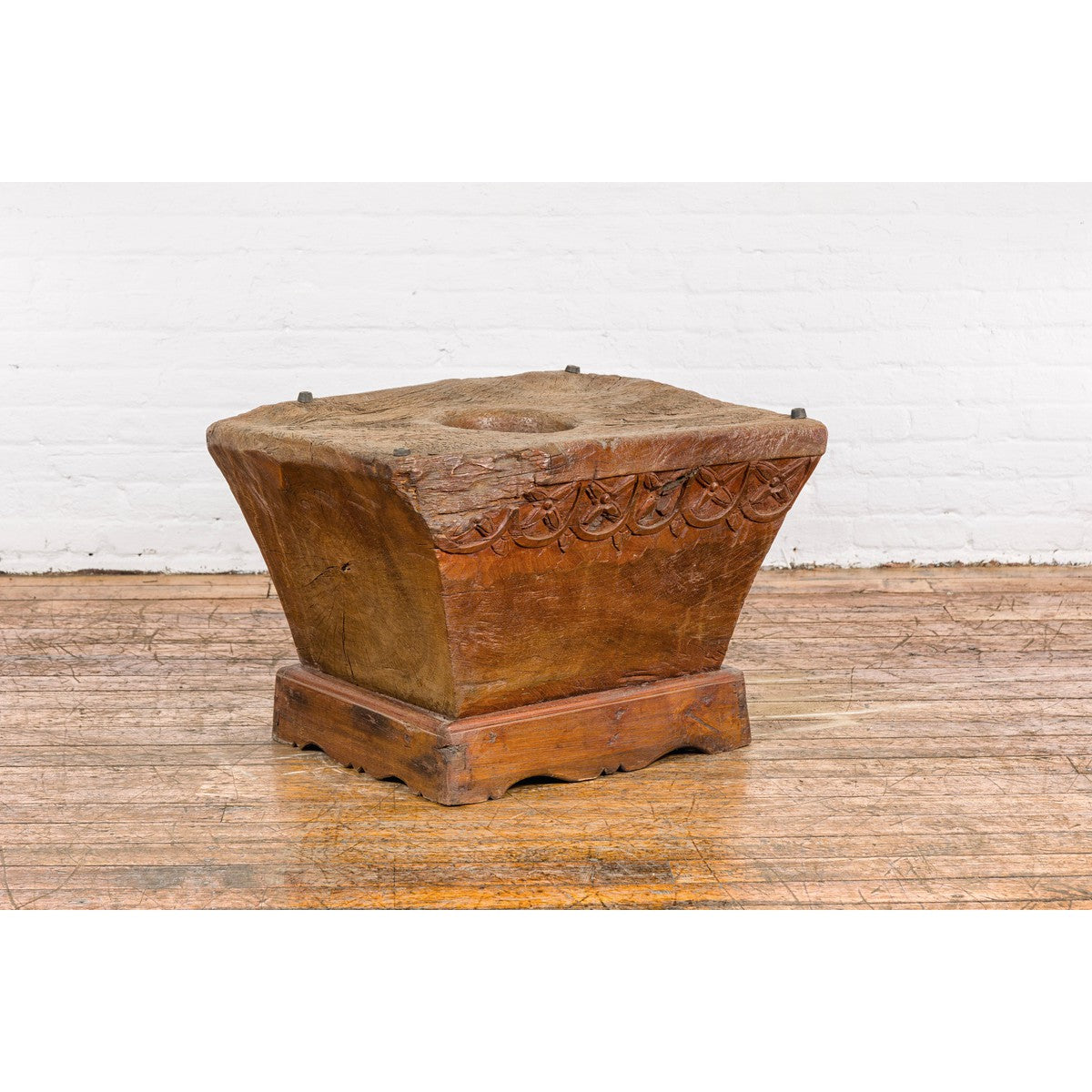 Wood Mortar Converted into Decorative Table with Carved Rosettes-2. Asian & Chinese Furniture, Art, Antiques, Vintage Home Décor for sale at FEA Home
