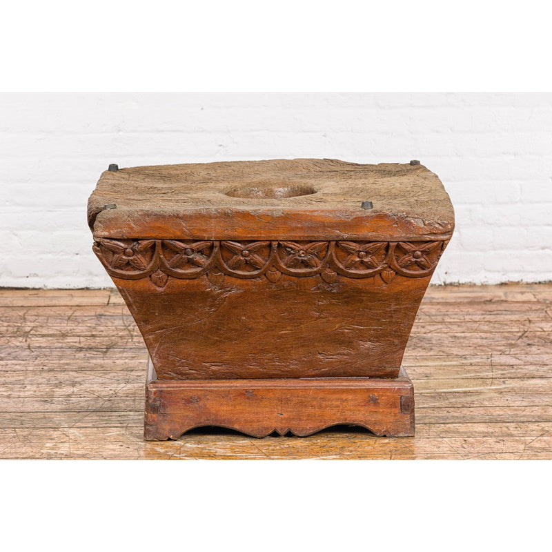 Teak Wood Primitive Mortar Converted into Coffee Table with Carved Rosettes-YN7837-18. Asian & Chinese Furniture, Art, Antiques, Vintage Home Décor for sale at FEA Home