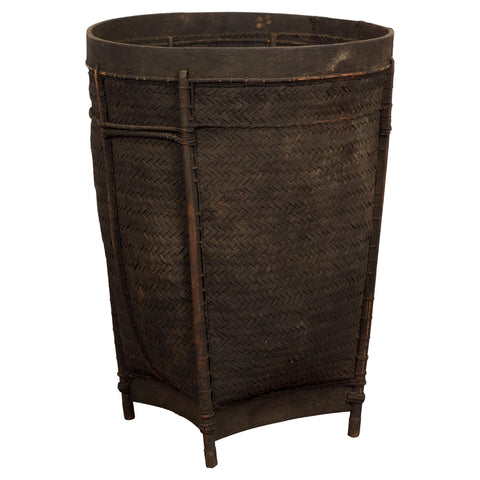 Vintage Thai Rustic Dark Brown Woven Rattan Farmer's Basket with Tapering Lines-YN7844-1-Unique Furniture-Art-Antiques-Home Décor in NY