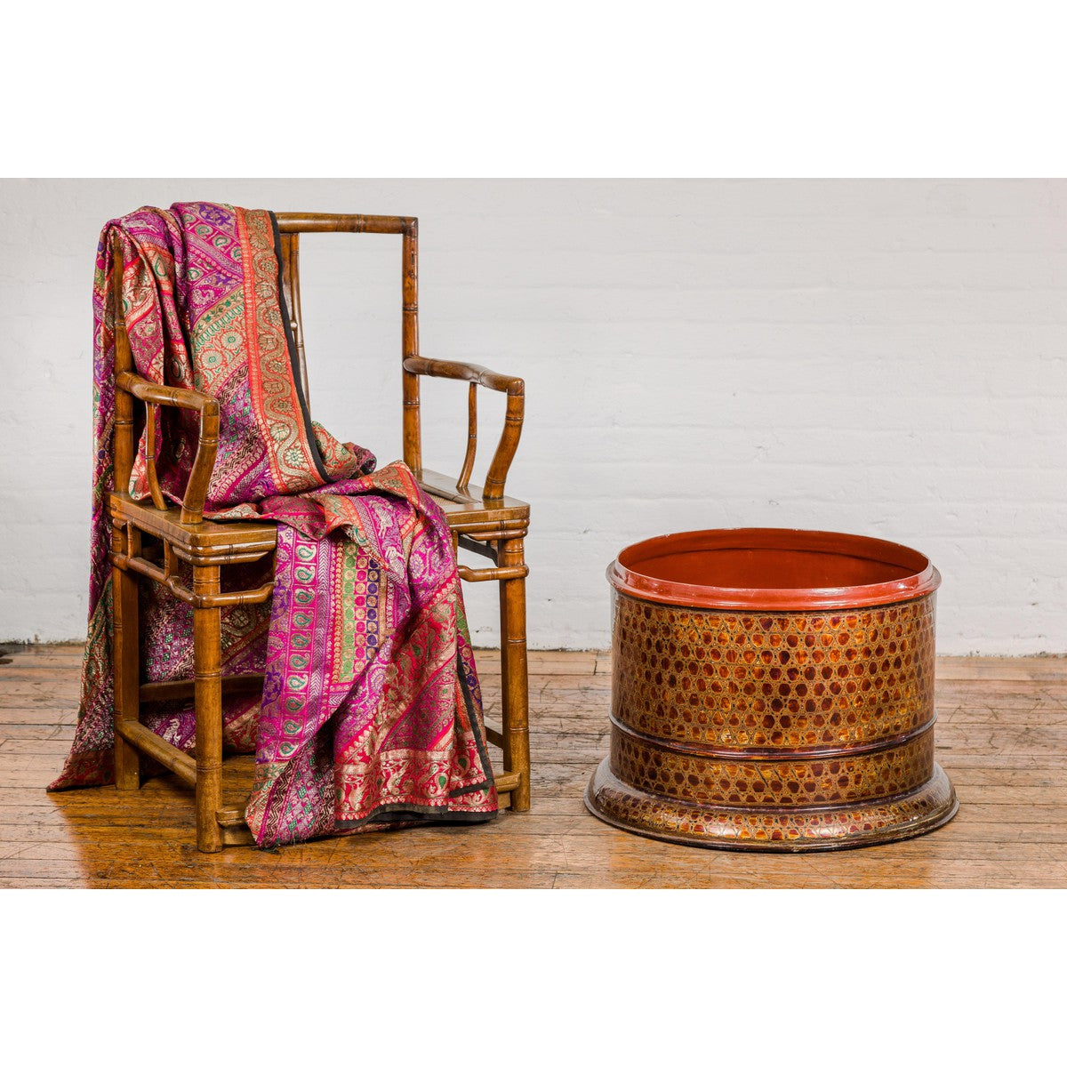Round Negora Lacquer Storage Bin with Snakeskin Patterns-2. Asian & Chinese Furniture, Art, Antiques, Vintage Home Décor for sale at FEA Home