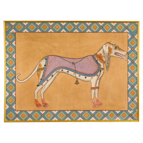 Framed Hand-Painted Royal Greyhound Dog Mounted on Fabric-YN7856-1. Asian & Chinese Furniture, Art, Antiques, Vintage Home Décor for sale at FEA Home
