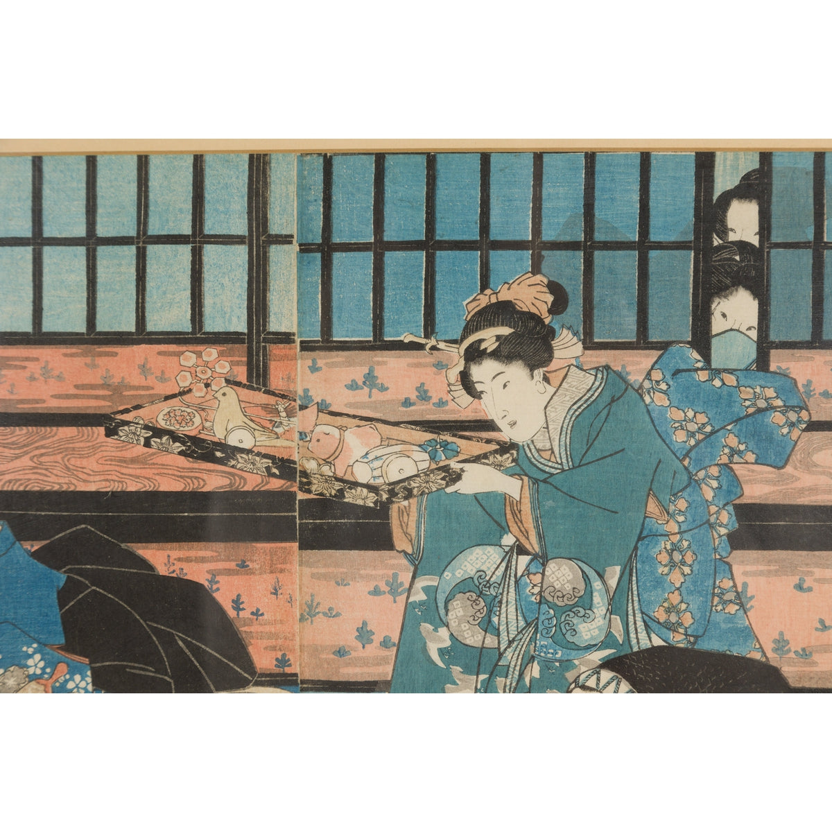 Japanese Meiji Period 19th Century Signed Diptych Woodblock Print, Custom Framed-12. Asian &amp; Chinese Furniture, Art, Antiques, Vintage Home Décor for sale at FEA Home