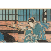 Japanese Meiji Period 19th Century Signed Diptych Woodblock Print, Custom Framed