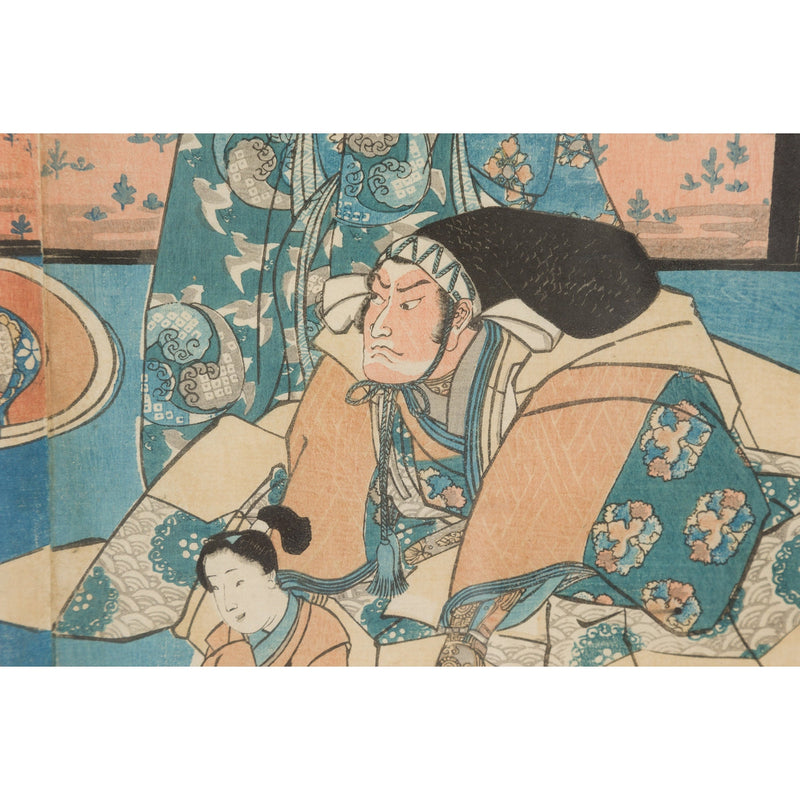 Japanese Meiji Period 19th Century Signed Diptych Woodblock Print, Custom Framed-YN7857-13. Asian & Chinese Furniture, Art, Antiques, Vintage Home Décor for sale at FEA Home