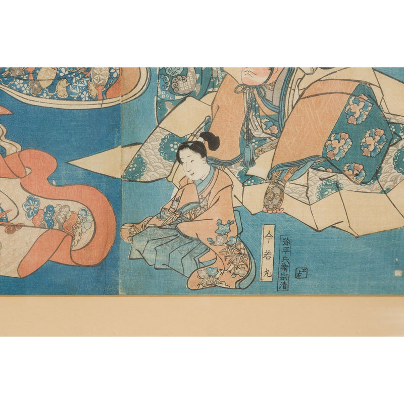 Japanese Meiji Period 19th Century Signed Diptych Woodblock Print, Custom Framed-YN7857-14. Asian & Chinese Furniture, Art, Antiques, Vintage Home Décor for sale at FEA Home