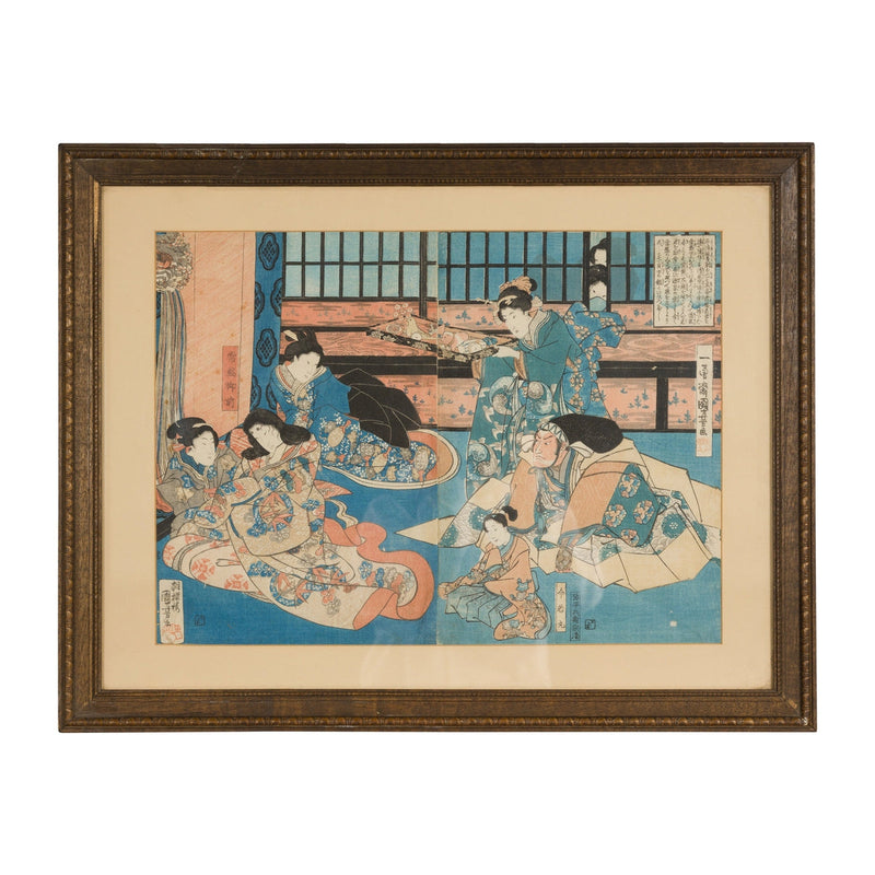 Japanese Meiji Period 19th Century Signed Diptych Woodblock Print, Custom Framed-YN7857-1. Asian & Chinese Furniture, Art, Antiques, Vintage Home Décor for sale at FEA Home